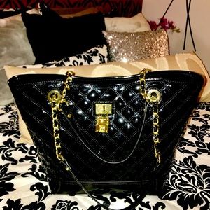 ANNE KLEIN “Sweet Charity II” Large Black Patent Leather Purse with Gold Accents